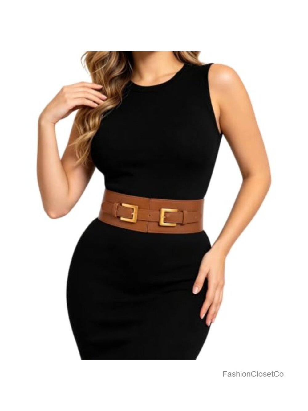 Wide Elastic Corset Waist Belt Faux Leather Vintage Gold Buckle for Dresses